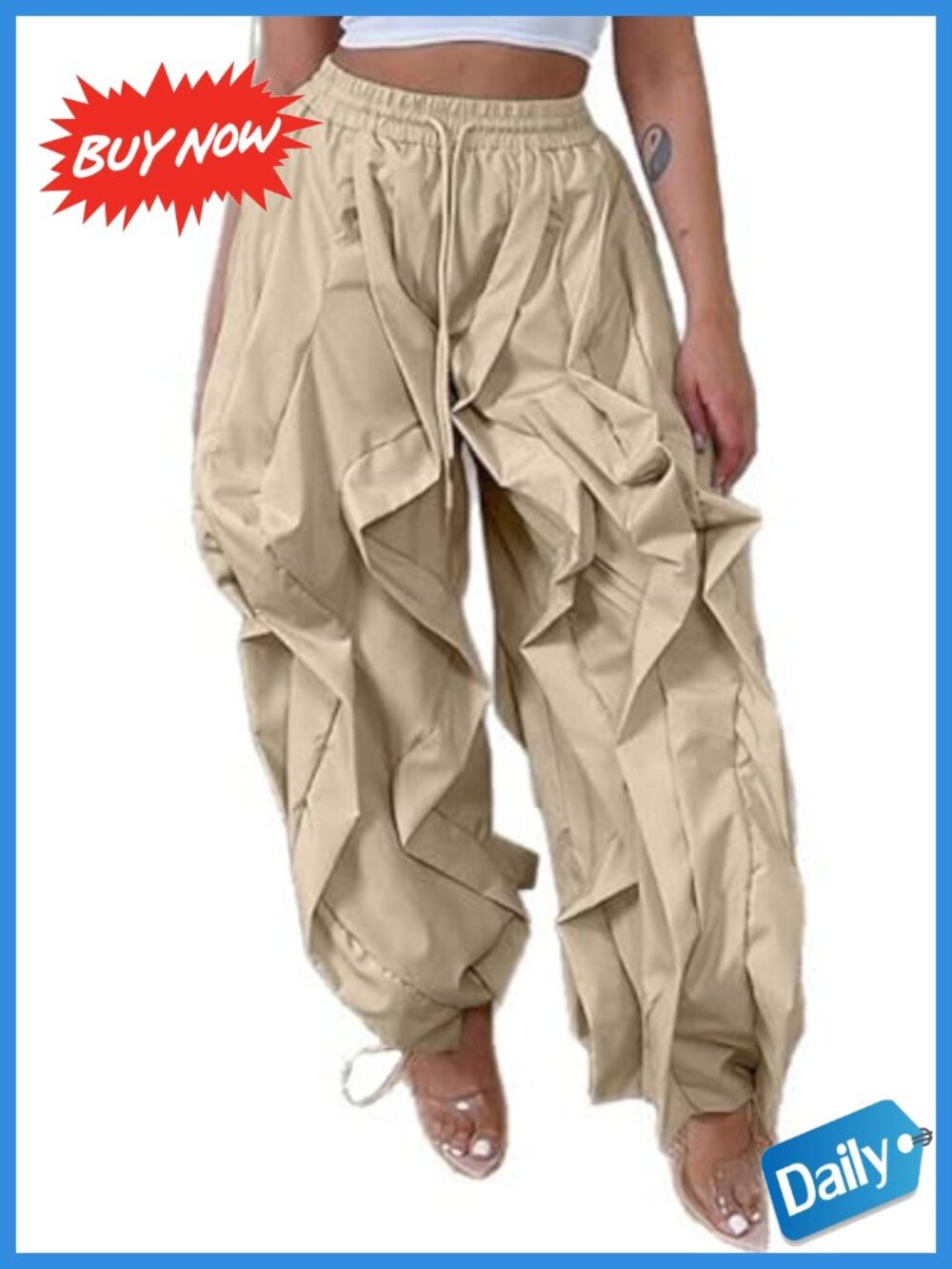 Women's Baggy Cargo Pants High Waisted Ruffle Patchwork Drawstring Trousers
